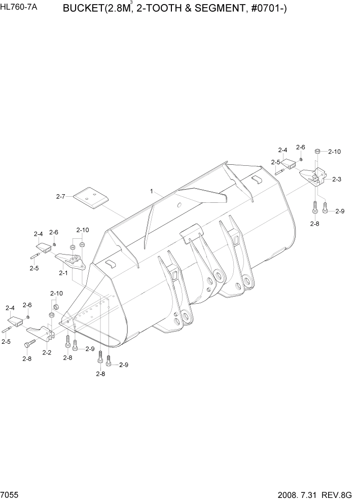 Схема запчастей Hyundai HL760-7A - PAGE 7055 BUCKET(2.8M3, 2-TOOTH & SEGMENT, #0505-) РАБОЧЕЕ ОБОРУДОВАНИЕ