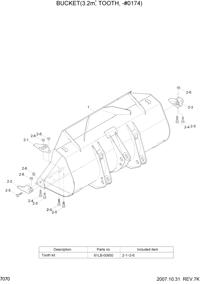 Схема запчастей Hyundai HL760-7A - PAGE 7070 BUCKET(3.2M3, TOOTH, -#0174) РАБОЧЕЕ ОБОРУДОВАНИЕ