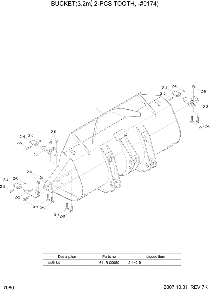 Схема запчастей Hyundai HL760-7A - PAGE 7080 BUCKET(3.2M3, 2-PCS TOOTH, -#0174) РАБОЧЕЕ ОБОРУДОВАНИЕ