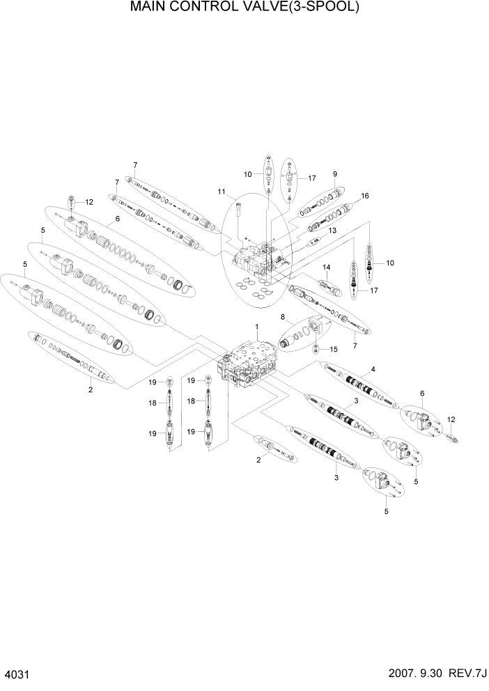 Схема запчастей Hyundai HL770-7 - PAGE 4031 MAIN CONTROL VALVE(3-SPOOL) ГИДРАВЛИЧЕСКИЕ КОМПОНЕНТЫ