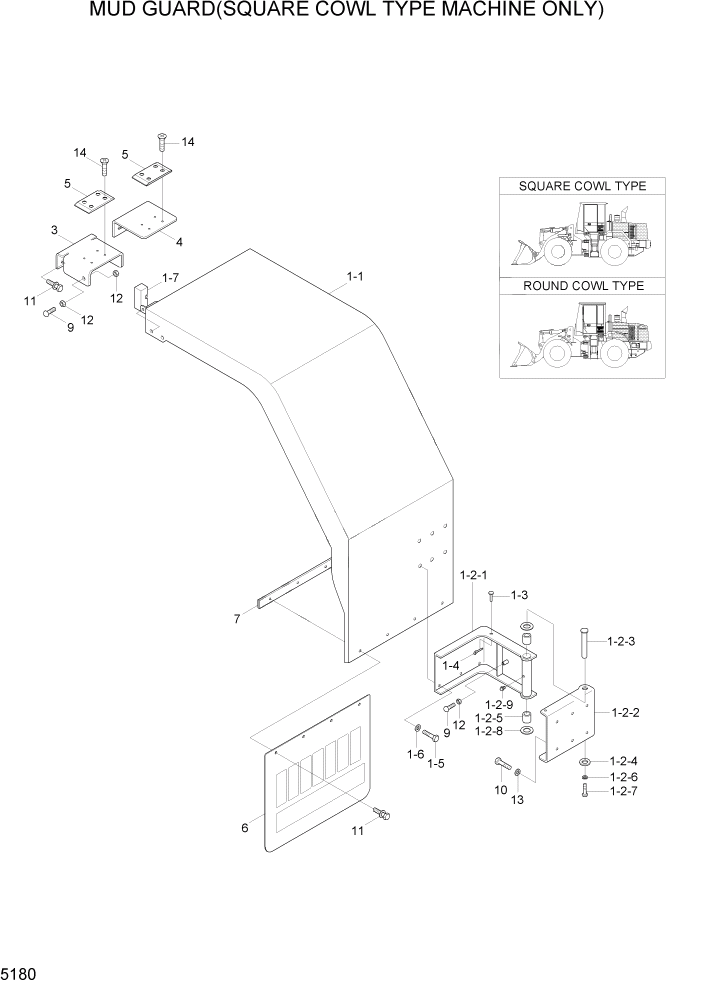 Схема запчастей Hyundai HL770-7 - PAGE 5180 MUD GUARD(SQUARE COWL TYPE) СТРУКТУРА