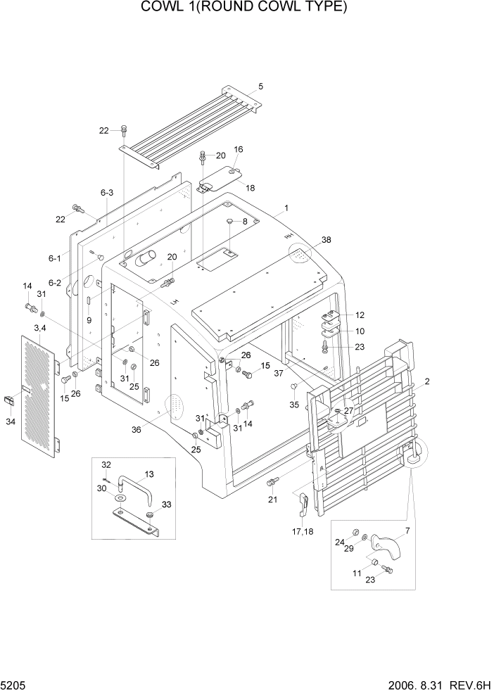 Схема запчастей Hyundai HL770-7 - PAGE 5205 COWL 1(ROUND COWL TYPE) СТРУКТУРА