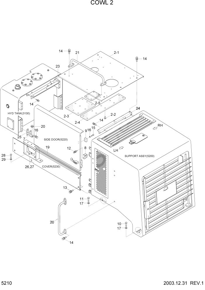 Схема запчастей Hyundai HL770-7 - PAGE 5210 COWL 2(SQUARE COWL TYPE) СТРУКТУРА