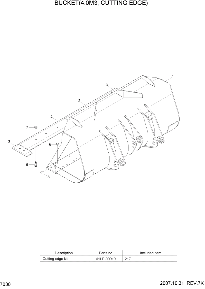 Схема запчастей Hyundai HL770-7 - PAGE 7030 BUCKET(4.0M3, CUTTING EDGE) РАБОЧЕЕ ОБОРУДОВАНИЕ