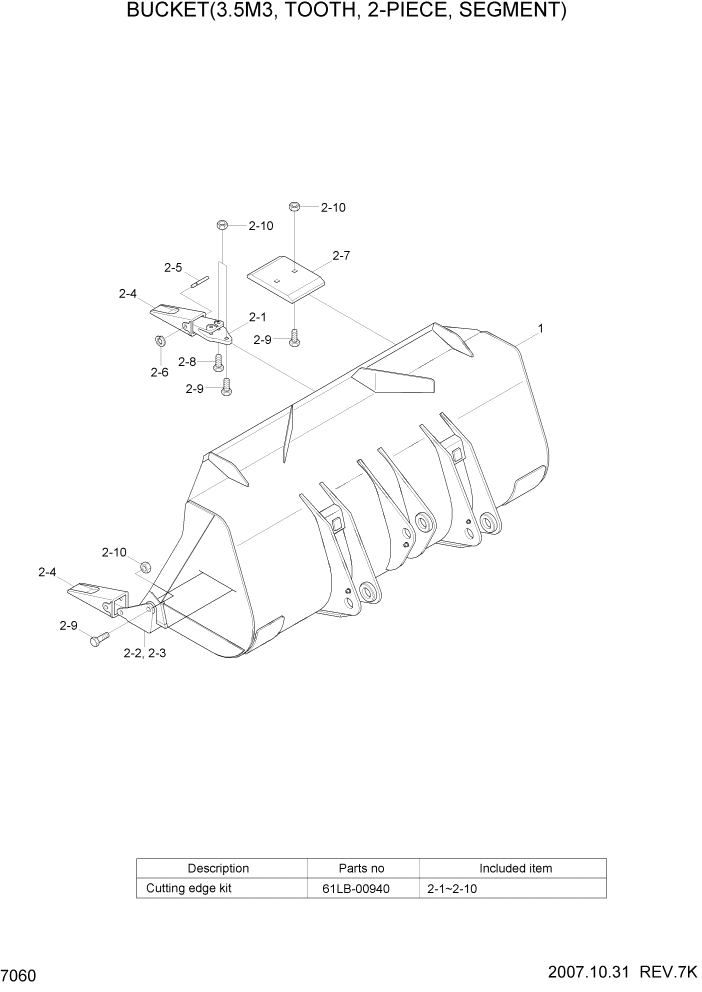 Схема запчастей Hyundai HL770-7 - PAGE 7060 BUCKET(3.5M3, TOOTH, 2-PIECE, SEGMENT) РАБОЧЕЕ ОБОРУДОВАНИЕ