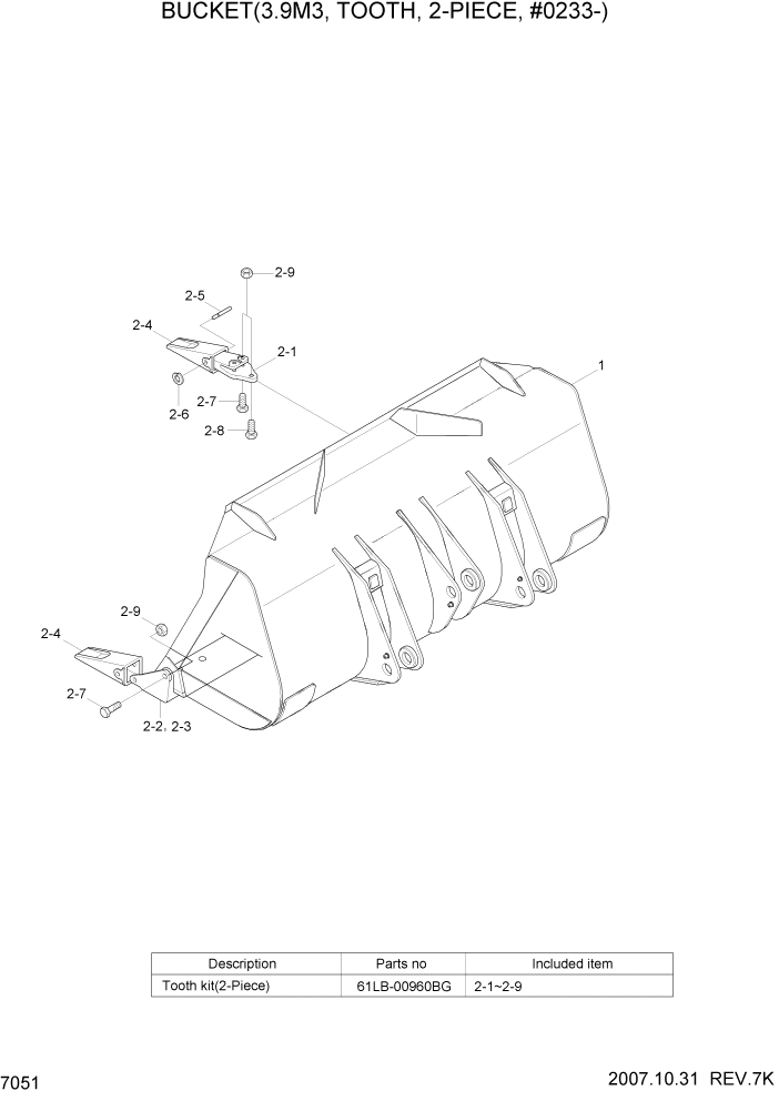 Схема запчастей Hyundai HL770-7A - PAGE 7051 BUCKET(3.9M3, TOOTH, 2-PIECE, #0233-) РАБОЧЕЕ ОБОРУДОВАНИЕ