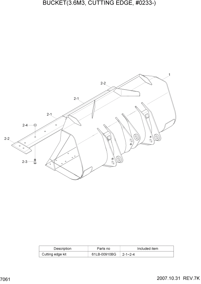 Схема запчастей Hyundai HL770-7A - PAGE 7061 BUCKET(3.6M3, CUTTING EDGE, #0233-) РАБОЧЕЕ ОБОРУДОВАНИЕ