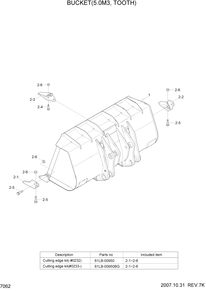 Схема запчастей Hyundai HL770-7A - PAGE 7062 BUCKET(5.0M3, TOOTH) РАБОЧЕЕ ОБОРУДОВАНИЕ