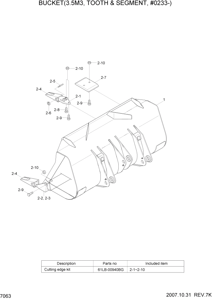 Схема запчастей Hyundai HL770-7A - PAGE 7063 BUCKET(3.5M3, TOOTH & SEGMENT, #0233-) РАБОЧЕЕ ОБОРУДОВАНИЕ