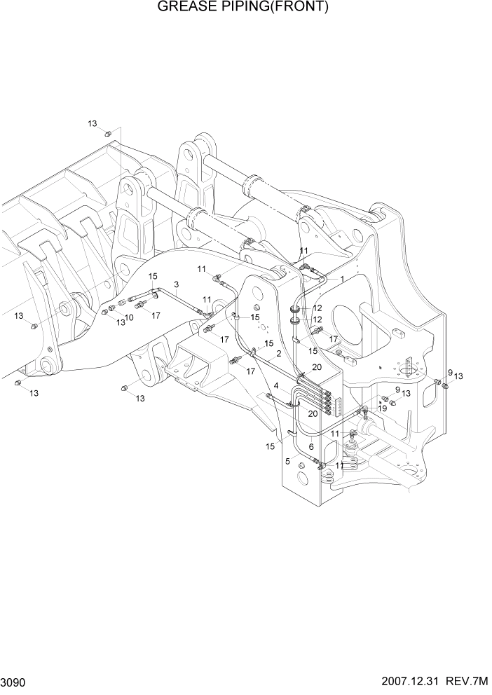 Схема запчастей Hyundai HL780-7A - PAGE 3090 GREASE PIPING(FRONT) ГИДРАВЛИЧЕСКАЯ СИСТЕМА