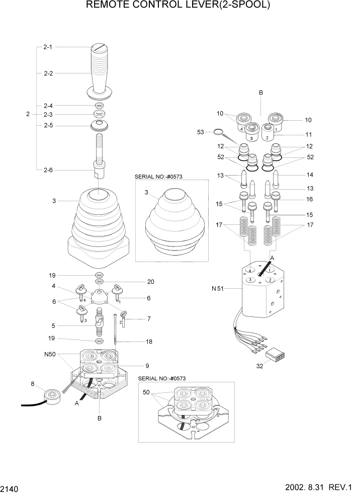 Схема запчастей Hyundai HL740-3ATM - PAGE 2140 REMOTE CONTROL LEVER(2-SPOOL) ГИДРАВЛИЧЕСКАЯ СИСТЕМА