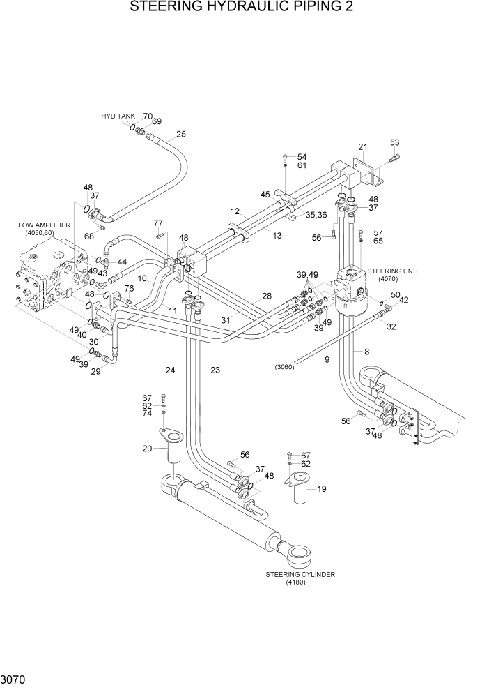 Схема запчастей Hyundai HL7803A - PAGE 3070 STEERING HYDRAULIC PIPING 2 ГИДРАВЛИЧЕСКАЯ СИСТЕМА