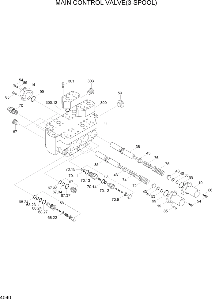 Схема запчастей Hyundai HL7803A - PAGE 4040 MAIN CONTROL VALVE(3-SPOOL) ГИДРАВЛИЧЕСКИЕ КОМПОНЕНТЫ