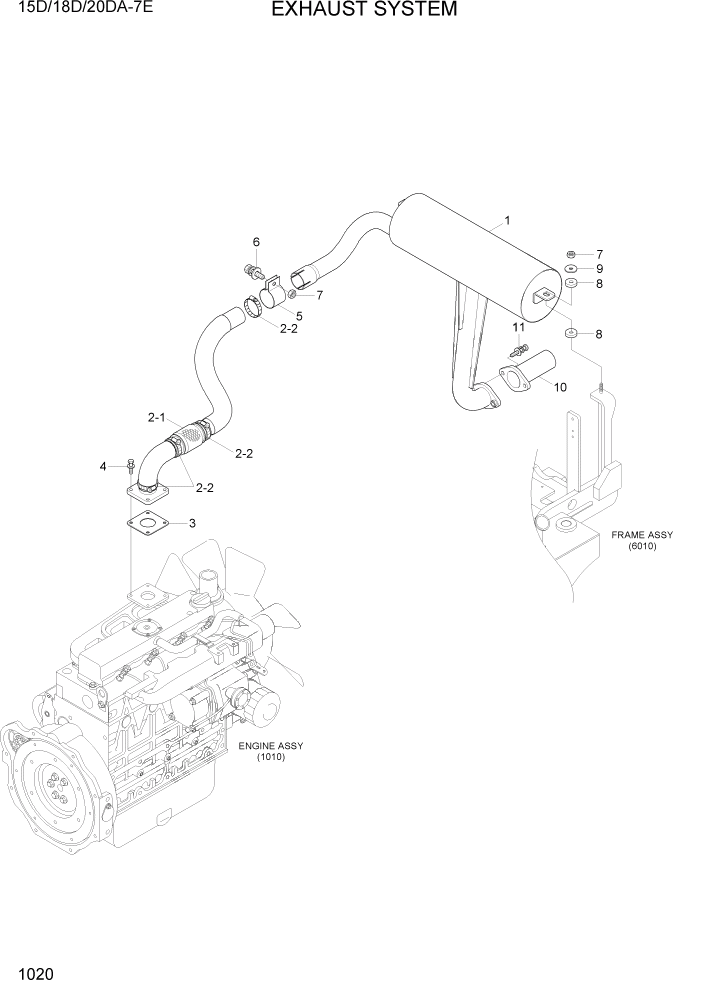 Схема запчастей Hyundai 15D/18D/20DA-7E - PAGE 1020 EXHAUST SYSTEM СИСТЕМА ДВИГАТЕЛЯ