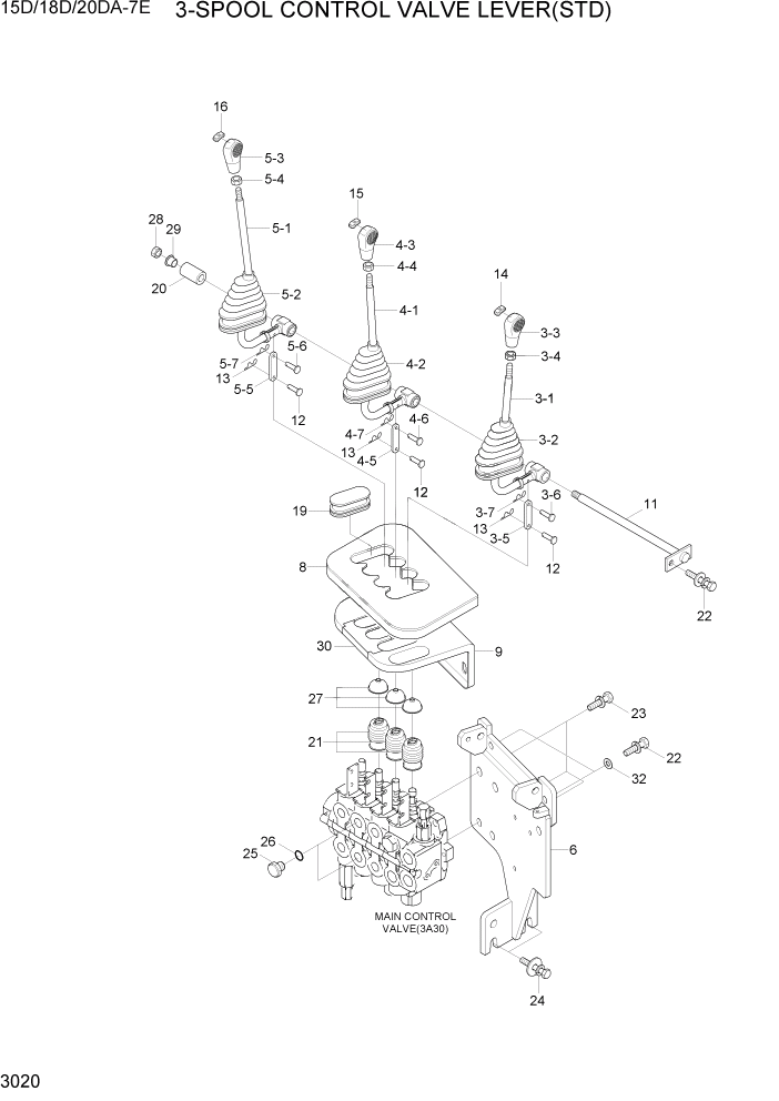 Схема запчастей Hyundai 15D/18D/20DA-7E - PAGE 3020 3-SPOOL CONTROL VALVE LEVER(STD) ГИДРАВЛИЧЕСКАЯ СИСТЕМА