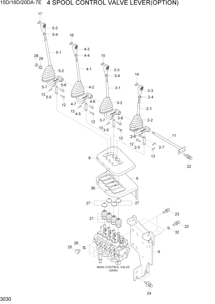 Схема запчастей Hyundai 15D/18D/20DA-7E - PAGE 3030 4-SPOOL CONTROL VALVE LEVER(OPTION) ГИДРАВЛИЧЕСКАЯ СИСТЕМА