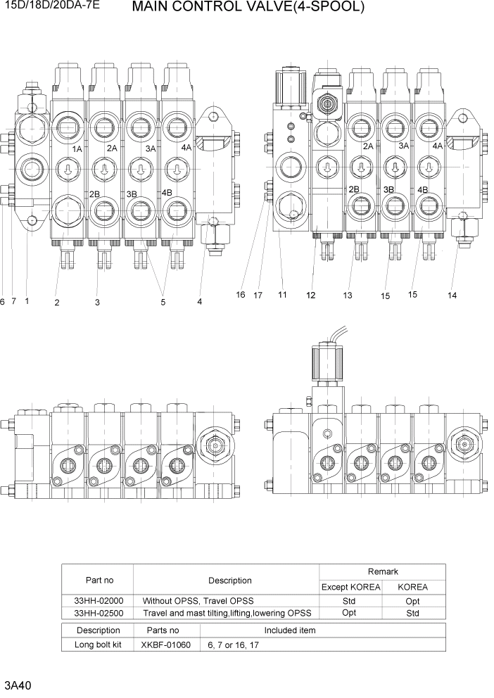 Схема запчастей Hyundai 15D/18D/20DA-7E - PAGE 3A40 MAIN CONTROL VALVE(4-SPOOL) ГИДРАВЛИЧЕСКАЯ СИСТЕМА