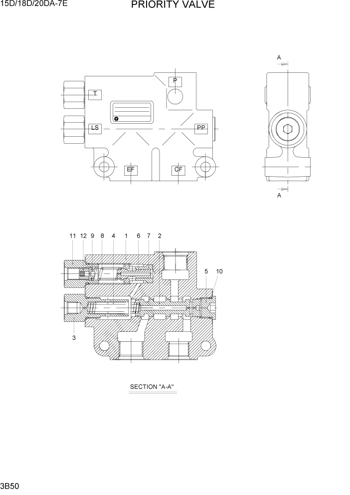 Схема запчастей Hyundai 15D/18D/20DA-7E - PAGE 3B50 PRIORITY VALVE ГИДРАВЛИЧЕСКАЯ СИСТЕМА