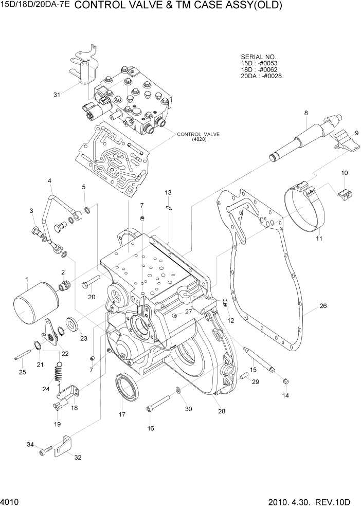 Схема запчастей Hyundai 15D/18D/20DA-7E - PAGE 4010 CONTROL VALVE & TM CASE ASSY(OLD) СИЛОВАЯ СИСТЕМА