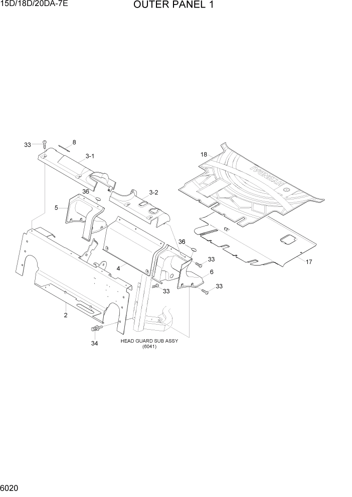 Схема запчастей Hyundai 15D/18D/20DA-7E - PAGE 6020 OUTER PANEL 1 СТРУКТУРА