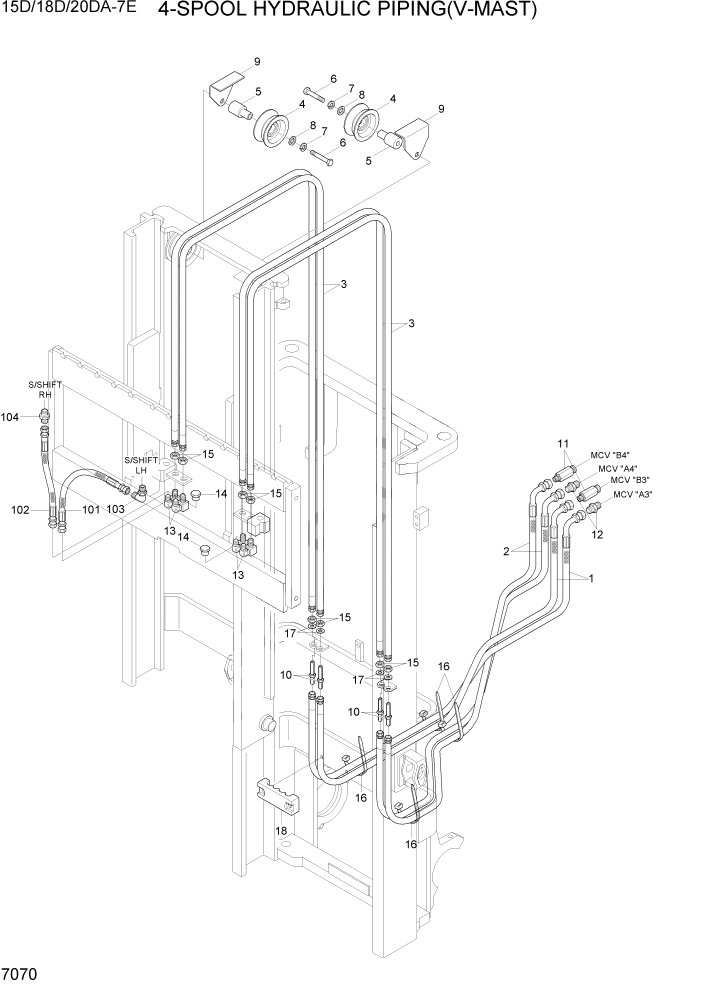 Схема запчастей Hyundai 15D/18D/20DA-7E - PAGE 7070 4-SPOOL HYDRAULIC PIPING(V-MAST) РАБОЧЕЕ ОБОРУДОВАНИЕ