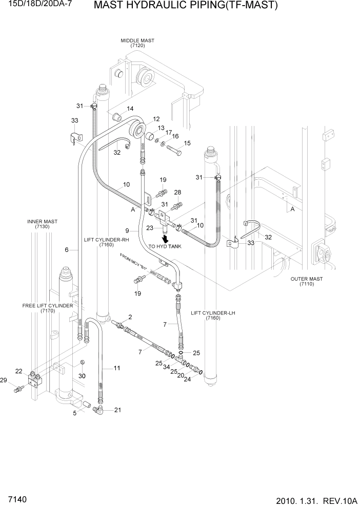 Схема запчастей Hyundai 15D/18D/20DA-7E - PAGE 7140 MAST HYDRAULIC PIPING(TF-MAST) РАБОЧЕЕ ОБОРУДОВАНИЕ