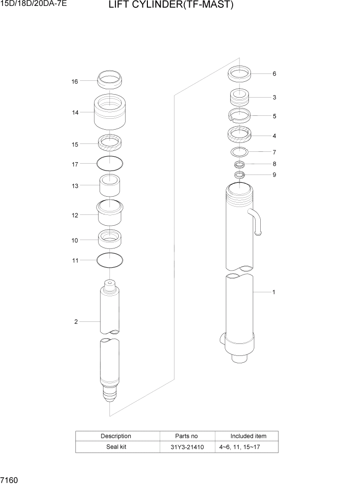 Схема запчастей Hyundai 15D/18D/20DA-7E - PAGE 7160 LIFT CYLINDER(TF-MAST) РАБОЧЕЕ ОБОРУДОВАНИЕ