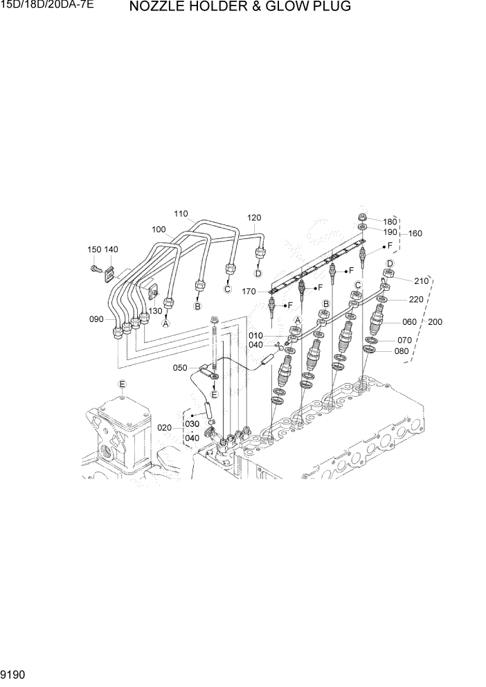 Схема запчастей Hyundai 15D/18D/20DA-7E - PAGE 9190 NOZZLE HOLDER & GLOW PLUG ДВИГАТЕЛЬ БАЗА