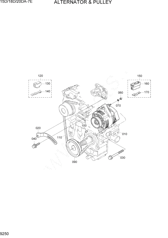 Схема запчастей Hyundai 15D/18D/20DA-7E - PAGE 9250 ALTERNATOR & PULLEY ДВИГАТЕЛЬ БАЗА