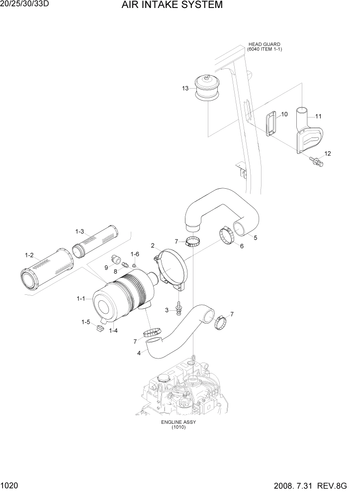 Схема запчастей Hyundai 20/25/30/33D-7 - PAGE 1020 AIR INTAKE SYSTEM СИСТЕМА ДВИГАТЕЛЯ