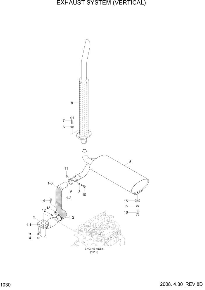 Схема запчастей Hyundai 20/25/30/33D-7 - PAGE 1030 EXHAUST SYSTEM(VERTICAL) СИСТЕМА ДВИГАТЕЛЯ