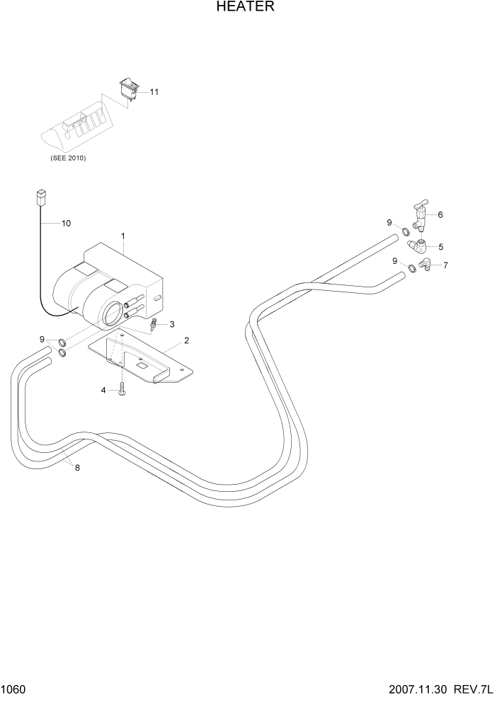 Схема запчастей Hyundai 20/25/30/33D-7 - PAGE 1060 HEATER(OPTION) СИСТЕМА ДВИГАТЕЛЯ