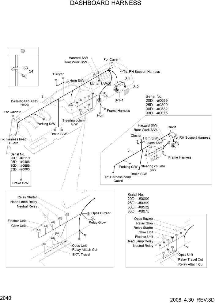 Схема запчастей Hyundai 20/25/30/33D-7 - PAGE 2040 DASHBOARD HARNESS ЭЛЕКТРИЧЕСКАЯ СИСТЕМА