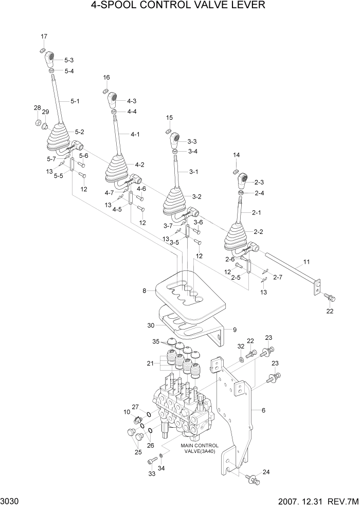 Схема запчастей Hyundai 20/25/30/33D-7 - PAGE 3030 4-SPOOL CONTROL VALVE LEVER ГИДРАВЛИЧЕСКАЯ СИСТЕМА