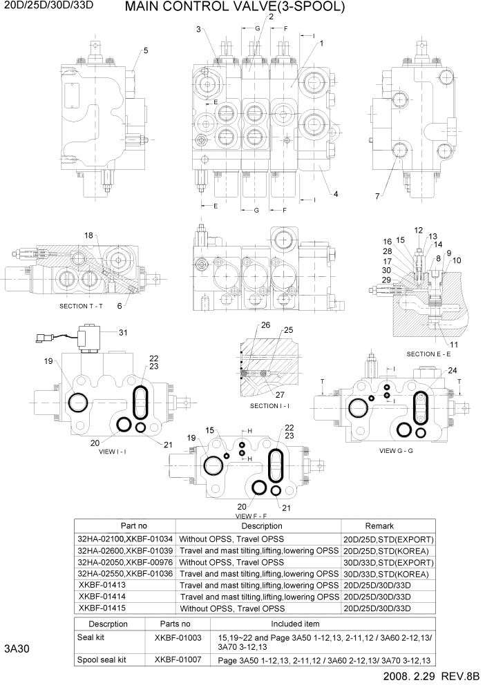 Схема запчастей Hyundai 20/25/30/33D-7 - PAGE 3A30 MAIN CONTROL VALVE(3-SPOOL) ГИДРАВЛИЧЕСКАЯ СИСТЕМА