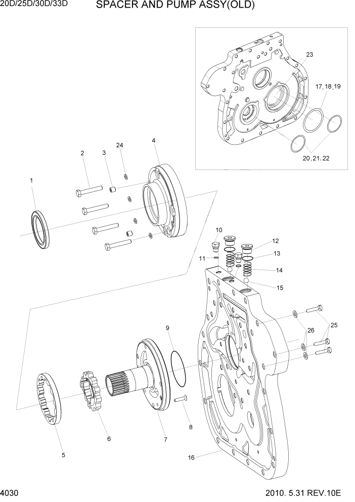 Схема запчастей Hyundai 20/25/30/33D-7 - PAGE 4030 SPACER AND PUMP ASSY(OLD) СИЛОВАЯ СИСТЕМА