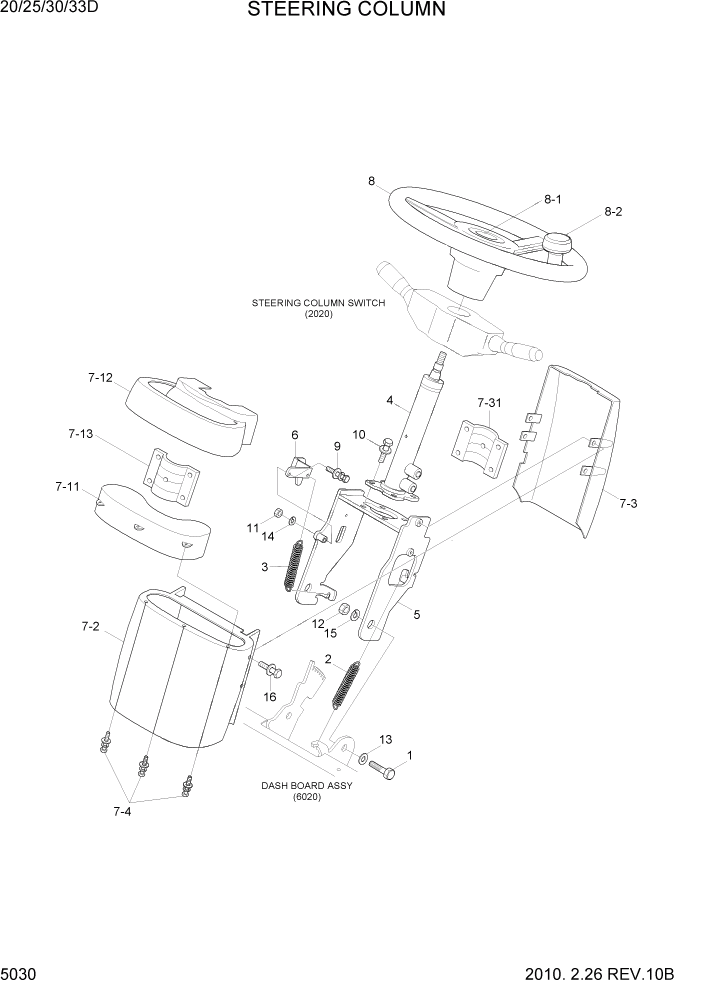 Схема запчастей Hyundai 20/25/30/33D-7 - PAGE 5030 STEERING COLUMN СИСТЕМА УПРАВЛЕНИЯ