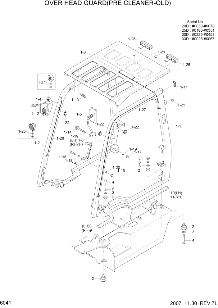 Схема запчастей Hyundai 20/25/30/33D-7 - PAGE 6041 OVER HEAD GUARD(PRECLEANER-OLD) СТРУКТУРА