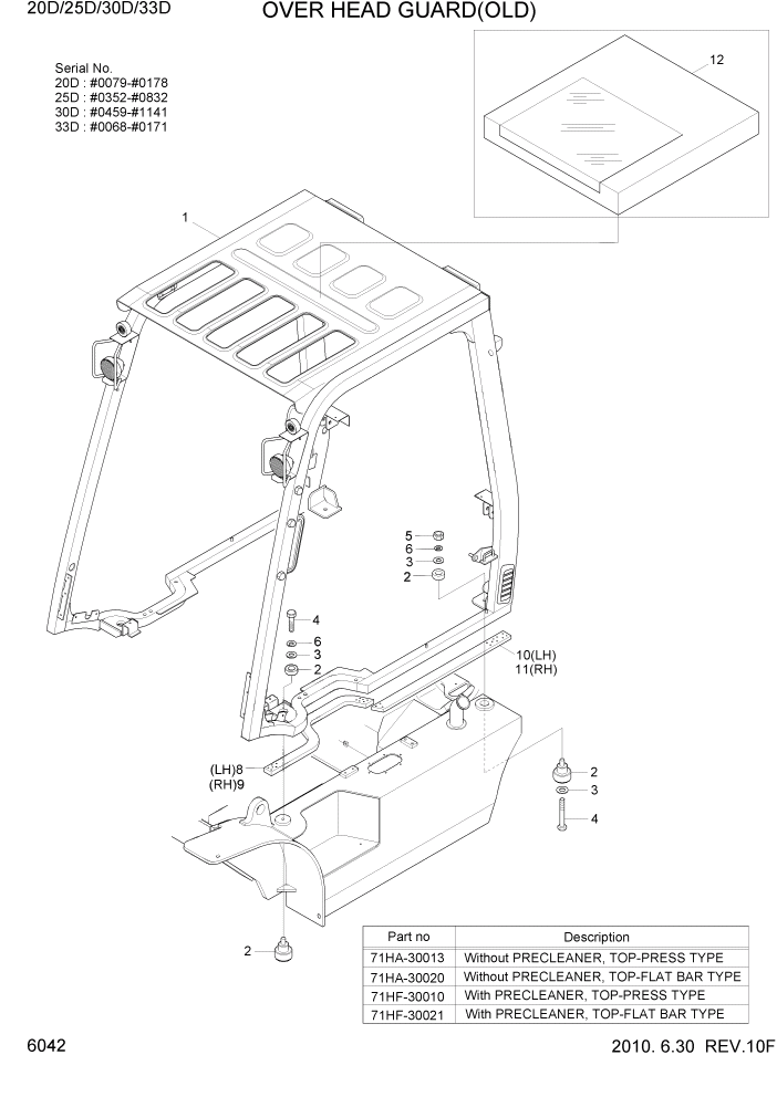 Схема запчастей Hyundai 20/25/30/33D-7 - PAGE 6042 OVER HEAD GUARD(OLD) СТРУКТУРА