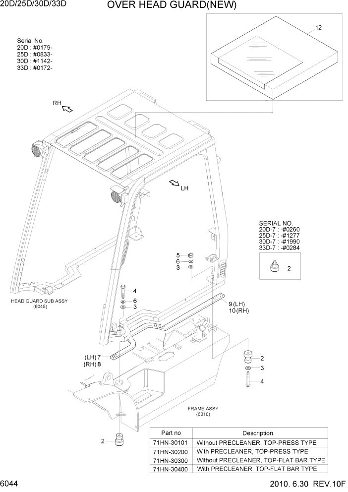 Схема запчастей Hyundai 20/25/30/33D-7 - PAGE 6044 OVER HEAD GUARD(NEW) СТРУКТУРА