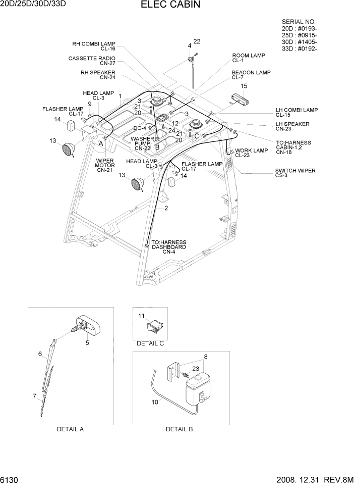 Схема запчастей Hyundai 20/25/30/33D-7 - PAGE 6130 ELEC CABIN СТРУКТУРА