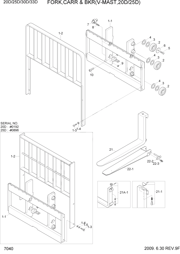 Схема запчастей Hyundai 20/25/30/33D-7 - PAGE 7040 FORK,CARR & BKR(V-MAST, 20D/25D) РАБОЧЕЕ ОБОРУДОВАНИЕ