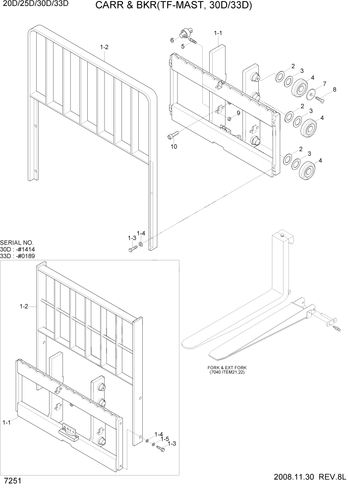 Схема запчастей Hyundai 20/25/30/33D-7 - PAGE 7251 CARR & BKR(TF-MAST, 30D/33D) РАБОЧЕЕ ОБОРУДОВАНИЕ