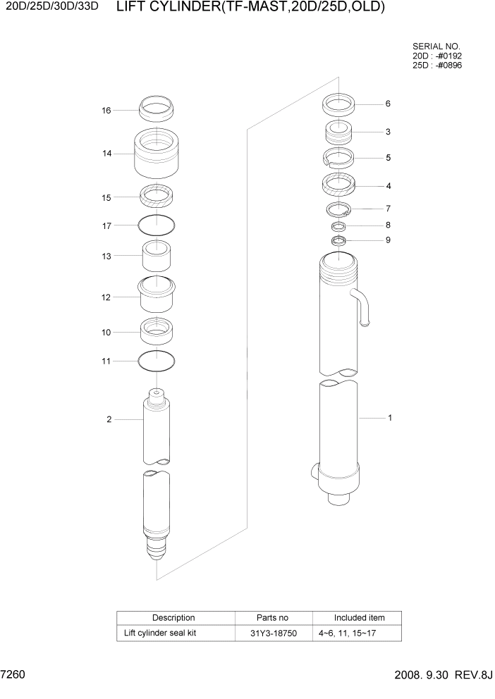 Схема запчастей Hyundai 20/25/30/33D-7 - PAGE 7260 LIFT CYLINDER(TF-MAST,20D/25D,OLD) РАБОЧЕЕ ОБОРУДОВАНИЕ