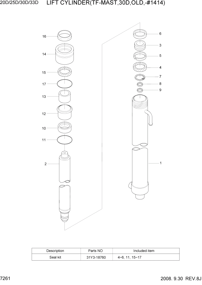 Схема запчастей Hyundai 20/25/30/33D-7 - PAGE 7261 LIFT CYLINDER(TF-MAST,30D,OLD,-#1414) РАБОЧЕЕ ОБОРУДОВАНИЕ