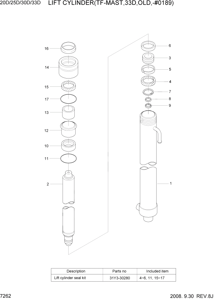 Схема запчастей Hyundai 20/25/30/33D-7 - PAGE 7262 LIFT CYLINDER(TF-MAST,33D,OLD,-#0189) РАБОЧЕЕ ОБОРУДОВАНИЕ