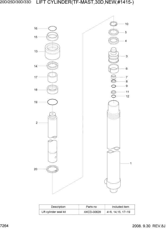 Схема запчастей Hyundai 20/25/30/33D-7 - PAGE 7264 LIFT CYLINDER(TF-MAST,30D,NEW,#1415-) РАБОЧЕЕ ОБОРУДОВАНИЕ