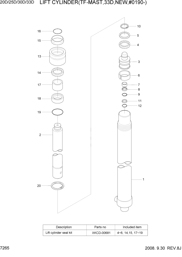 Схема запчастей Hyundai 20/25/30/33D-7 - PAGE 7265 LIFT CYLINDER(TF-MAST,33D,NEW,#0190-) РАБОЧЕЕ ОБОРУДОВАНИЕ