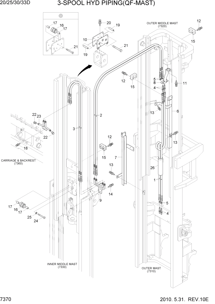 Схема запчастей Hyundai 20/25/30/33D-7 - PAGE 7370 3-SPOOL HYD PIPING(QF-MAST) РАБОЧЕЕ ОБОРУДОВАНИЕ