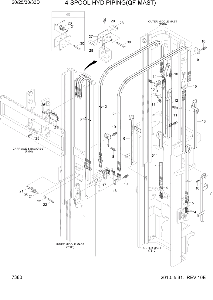 Схема запчастей Hyundai 20/25/30/33D-7 - PAGE 7380 4-SPOOL HYD PIPING РАБОЧЕЕ ОБОРУДОВАНИЕ